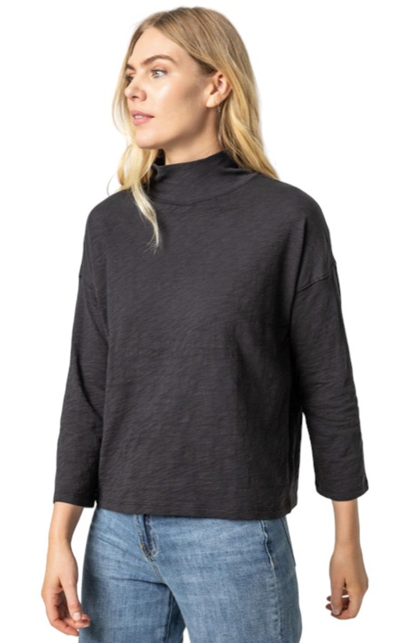 Lilla P 3/4 Sleeve Boxy Mock Neck, Black